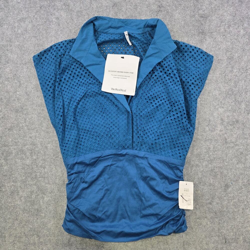 Akris Punto Blouse Womens 12 Blue Eyelet Collared Sleeveless Stretch Sheer NWT - Picture 2 of 16